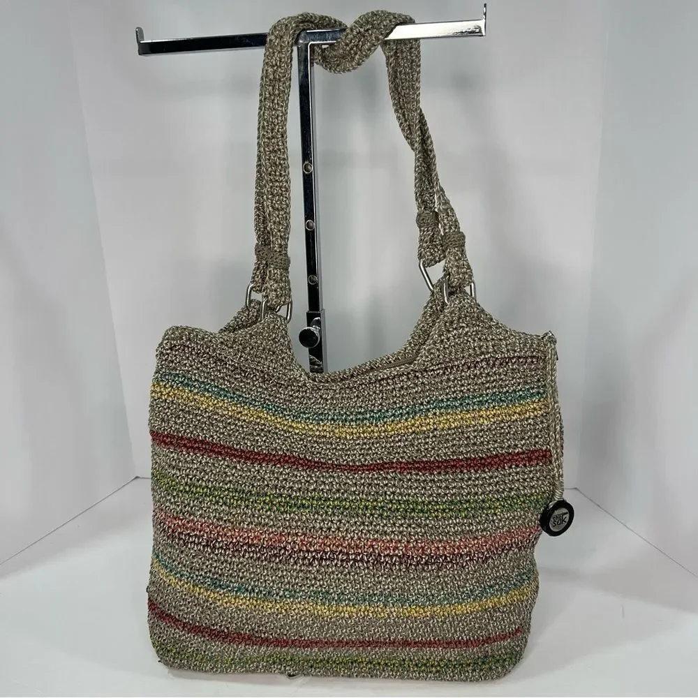 THE SAK Voyager Crochet Gray Stripped Belle Shoulder Tote Bohemian Medium Bag